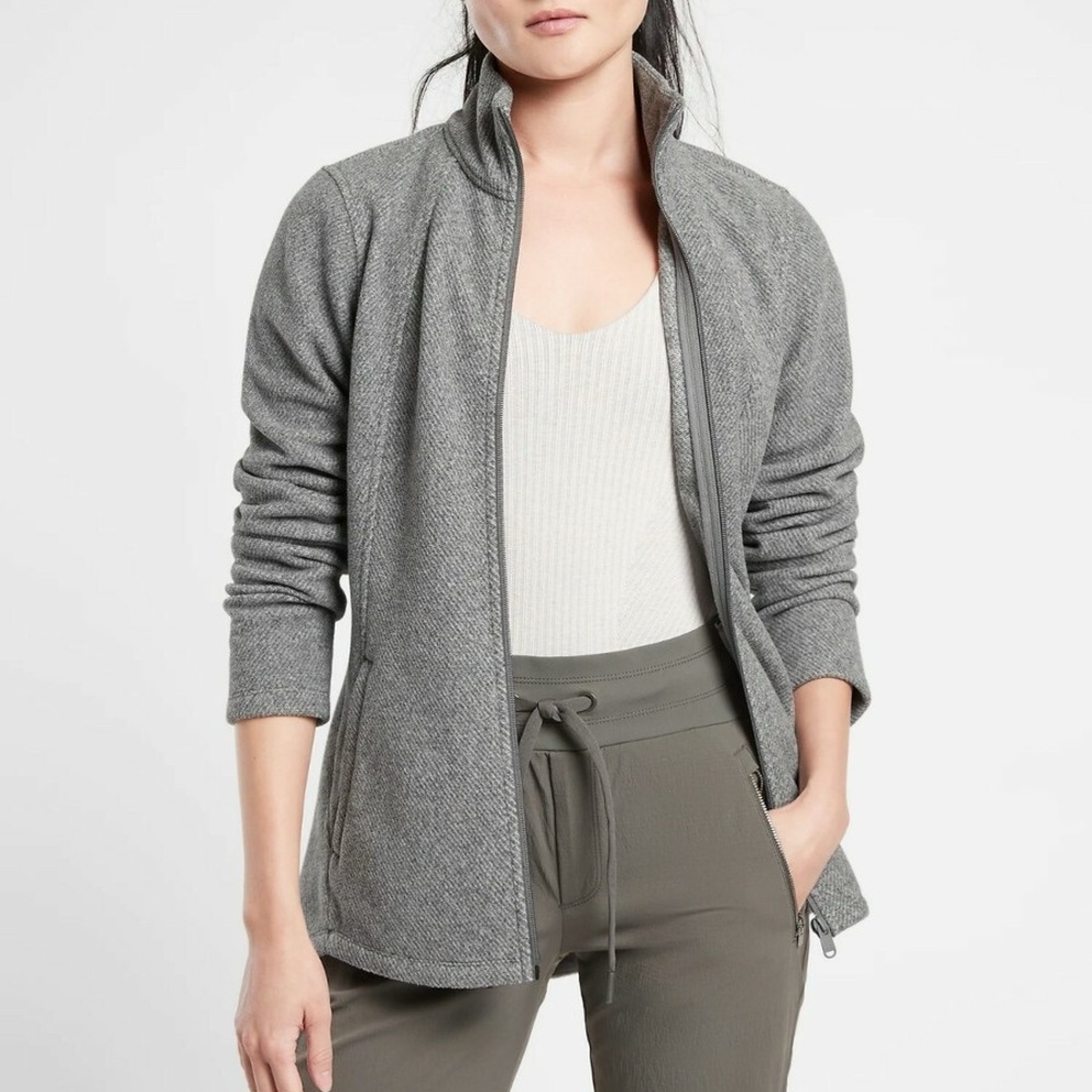Athleta Stroll Fleece Full Zip Neutral Gray Herringbone Jacket Adult XXS NWT